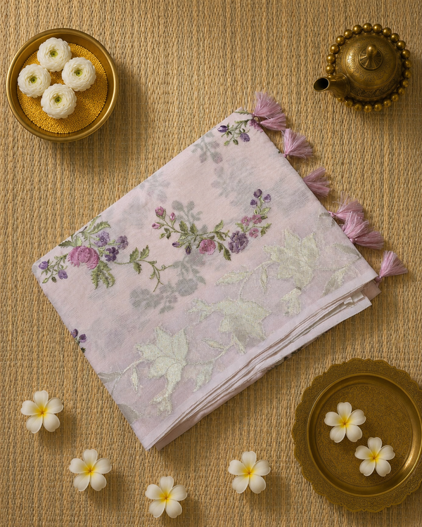 Kota Tissue Saree with Floral Woven Border and Embroidery