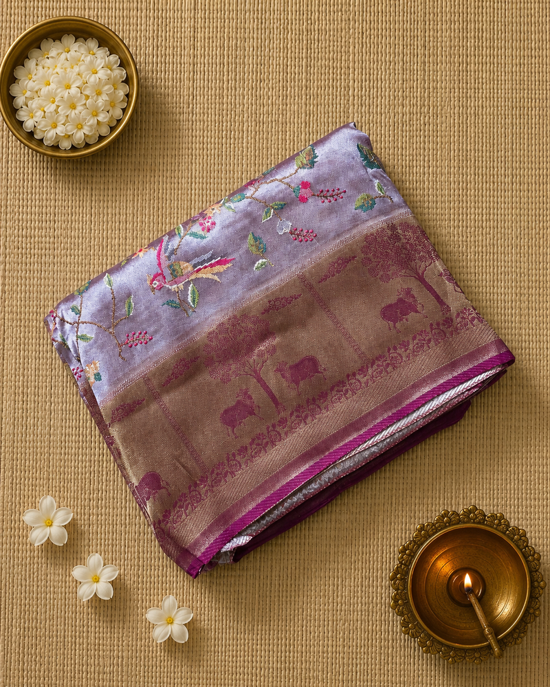 Pure Banarasi Tissue Saree with Pichwai Border and Contrast Blouse