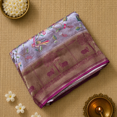 Pure Banarasi Tissue Saree with Pichwai Border and Contrast Blouse