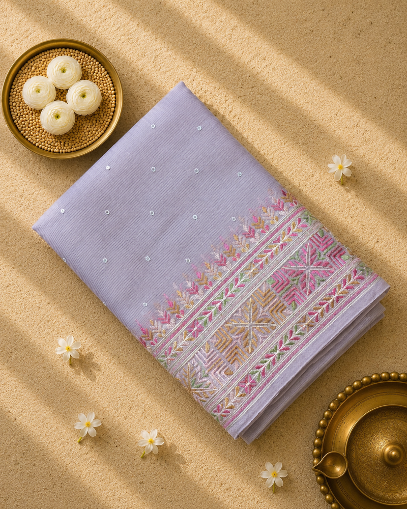 Linen Tissue Saree with Embroidery and Mirror Work