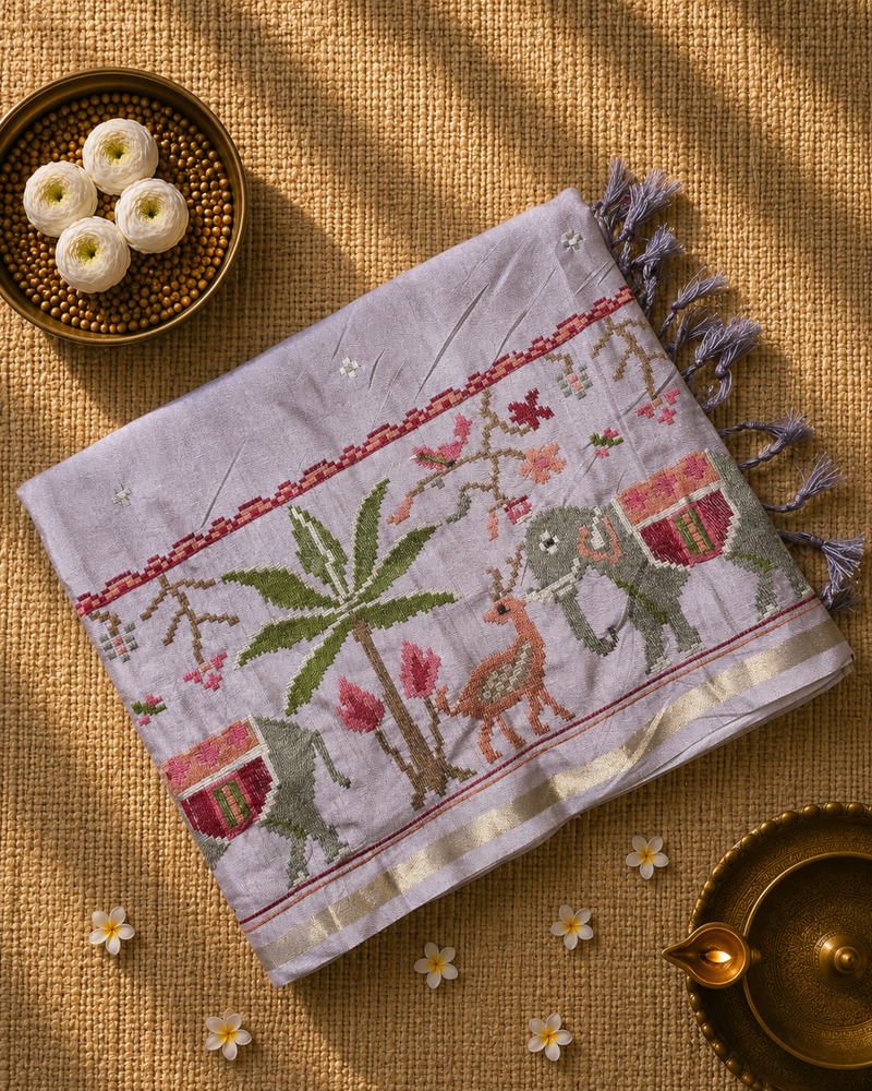 Pure Handloom Tussar Silk Saree with Embroidery and sequins in Muslin Pallu