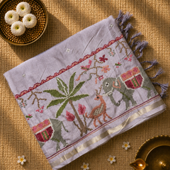 Pure Handloom Tussar Silk Saree with Embroidery and sequins in Muslin Pallu