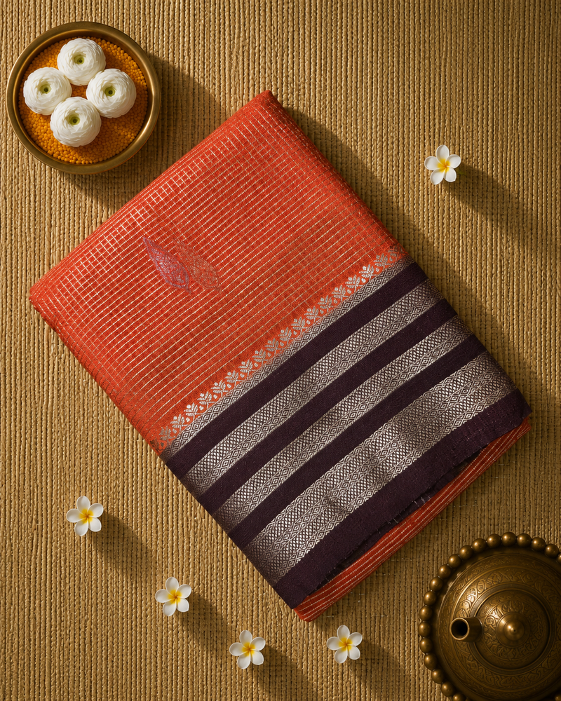 Premium Semi Mysore Crepe Saree with Vintage Checks and Rich Pallu