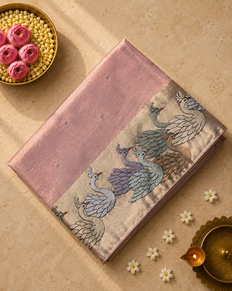 Pure Kora Tissue Silk Saree with Swan Embroidered borders