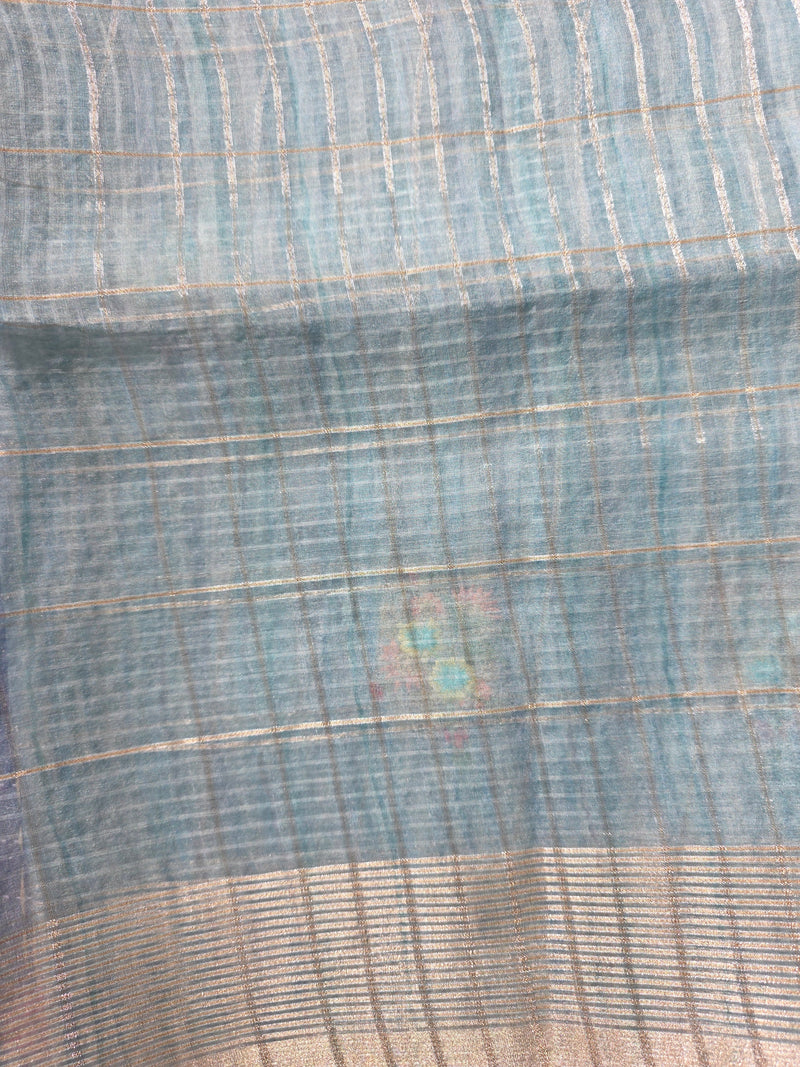 Blue Linen Zari Saree with Pearl Embroidered motifs
