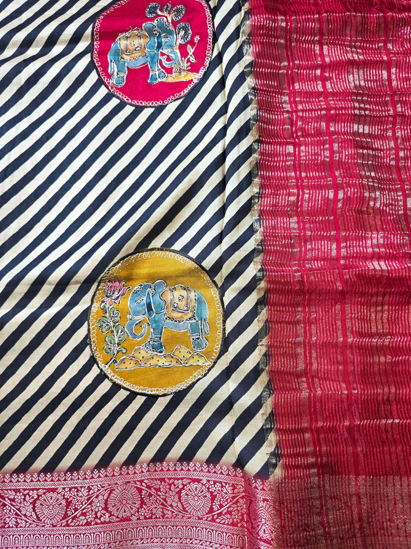 Pure Dola Silk Saree with Applique work in Lehariya pattern