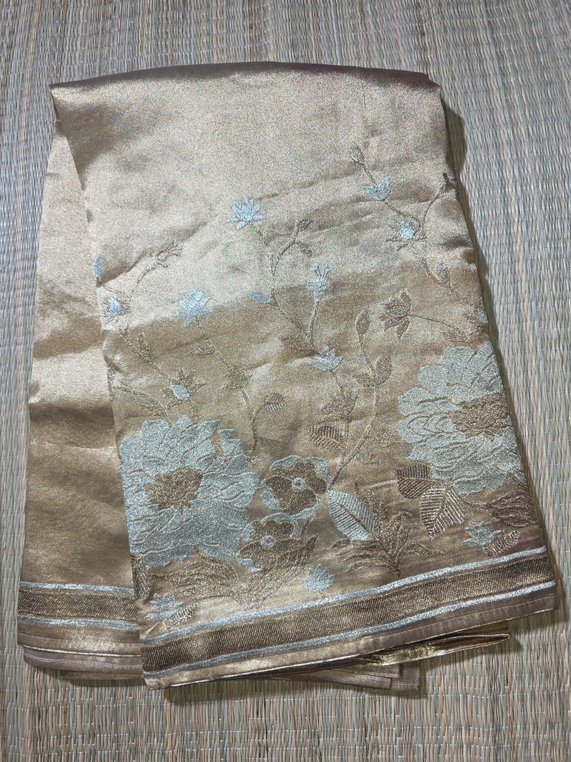 Pure Kora Tissue Saree in Gold with Designer Blouse