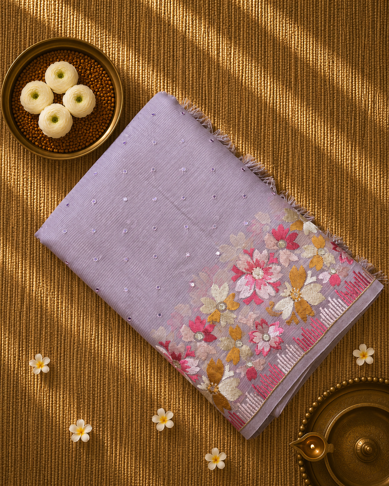 Linen Tissue Saree with Embroidery and Mirror work
