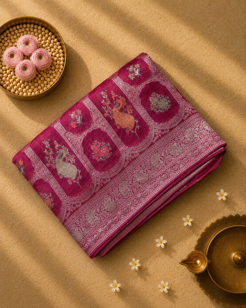 Maroon Tussar Gorgette Saree with all over woven motifs