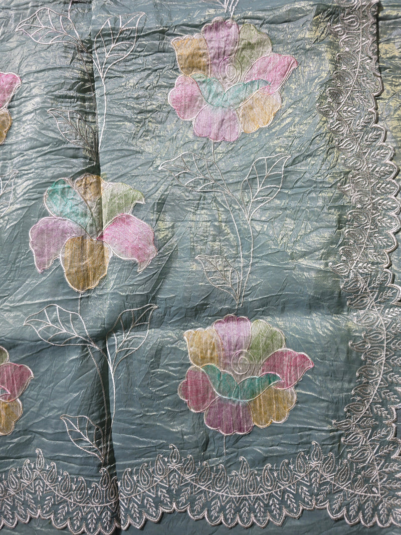 Blue Crush Tissue Saree with Brush painted Applique work and Embroidery