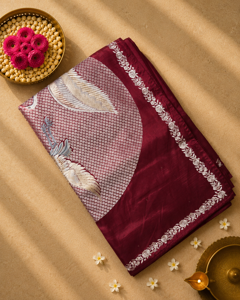 Pure Raw Silk Saree with Falcon Embroidered Pallu