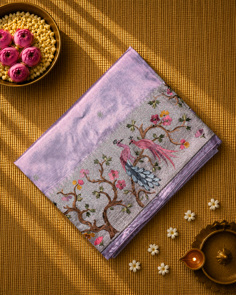 Pure Raw Silk with 10 inch Paithani Border in German Silver