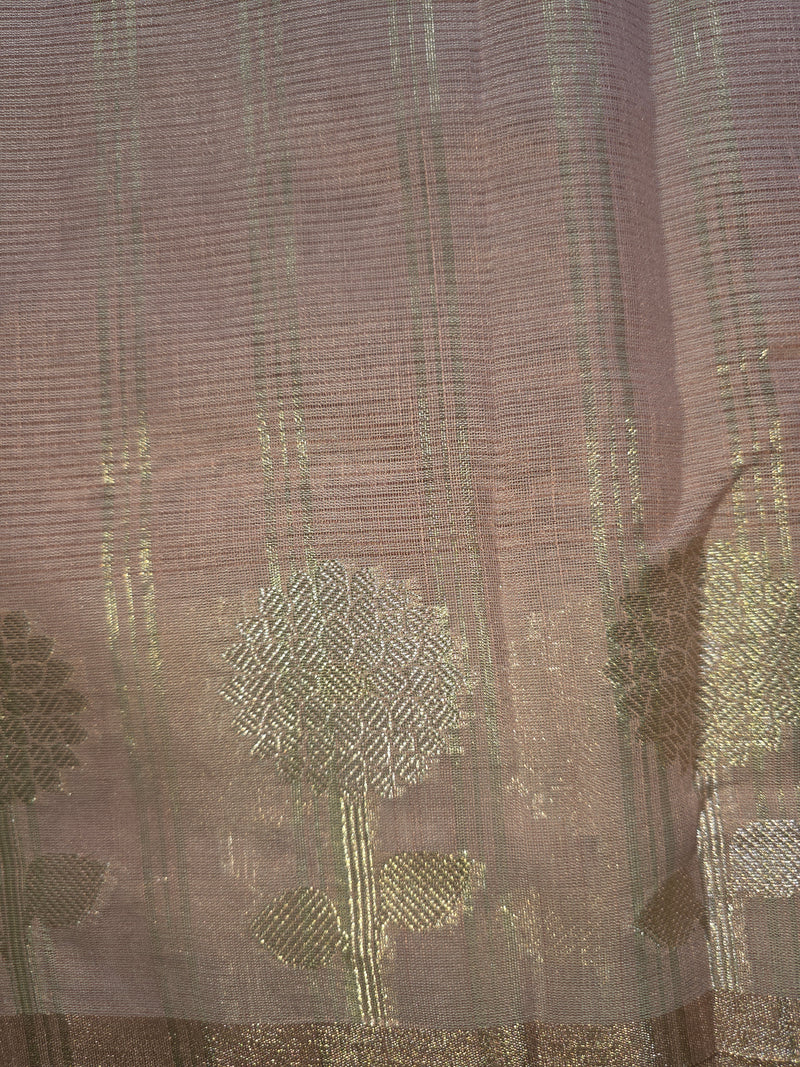 Pink Linen Zari Saree with woven Motifs and Mirror work
