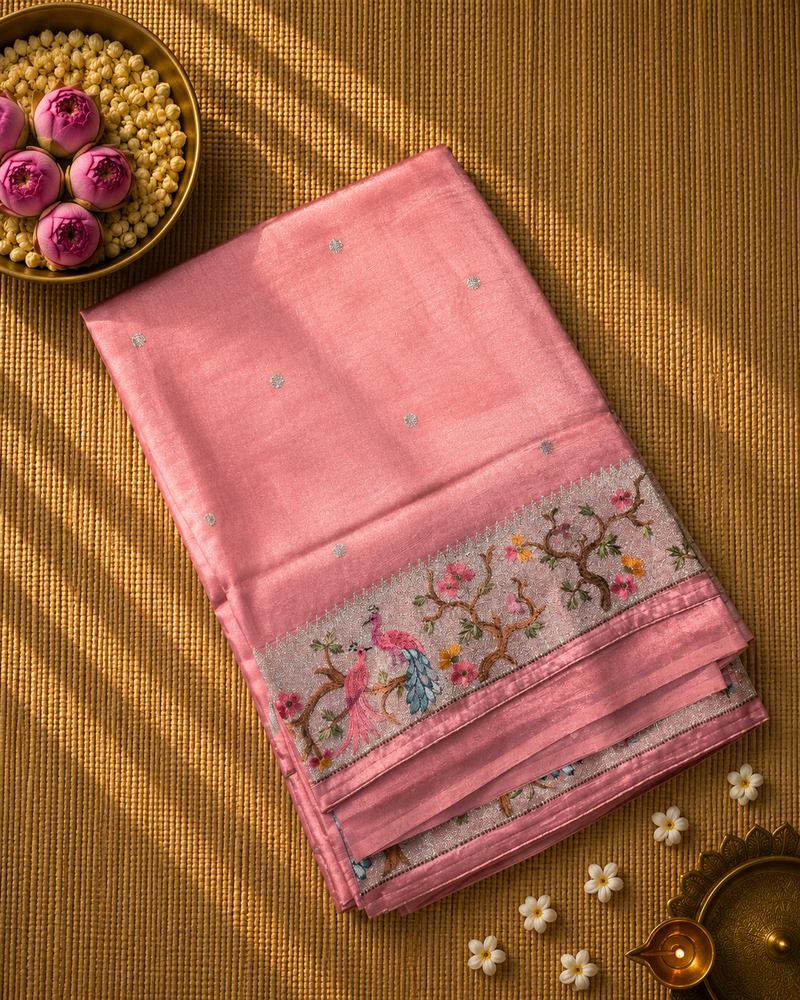 Pure Raw Silk with 10 inch Paithani Border in German Silver