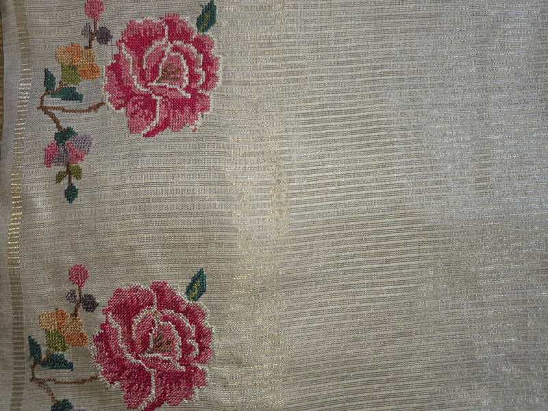 Pure Tussar Silk Saree with Vertical Zari Stripes and Petit Point Embroidery