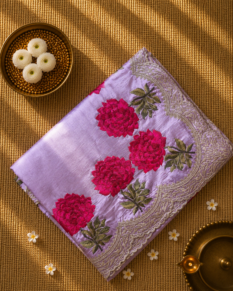 Pure Raw Silk Saree with Scallop Border and Embroidery