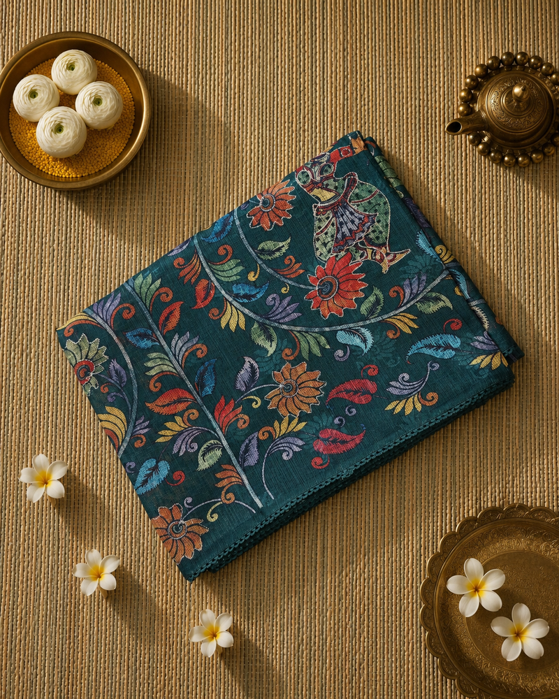 Kalamkari Printed Silk Kota Saree with Aari Work