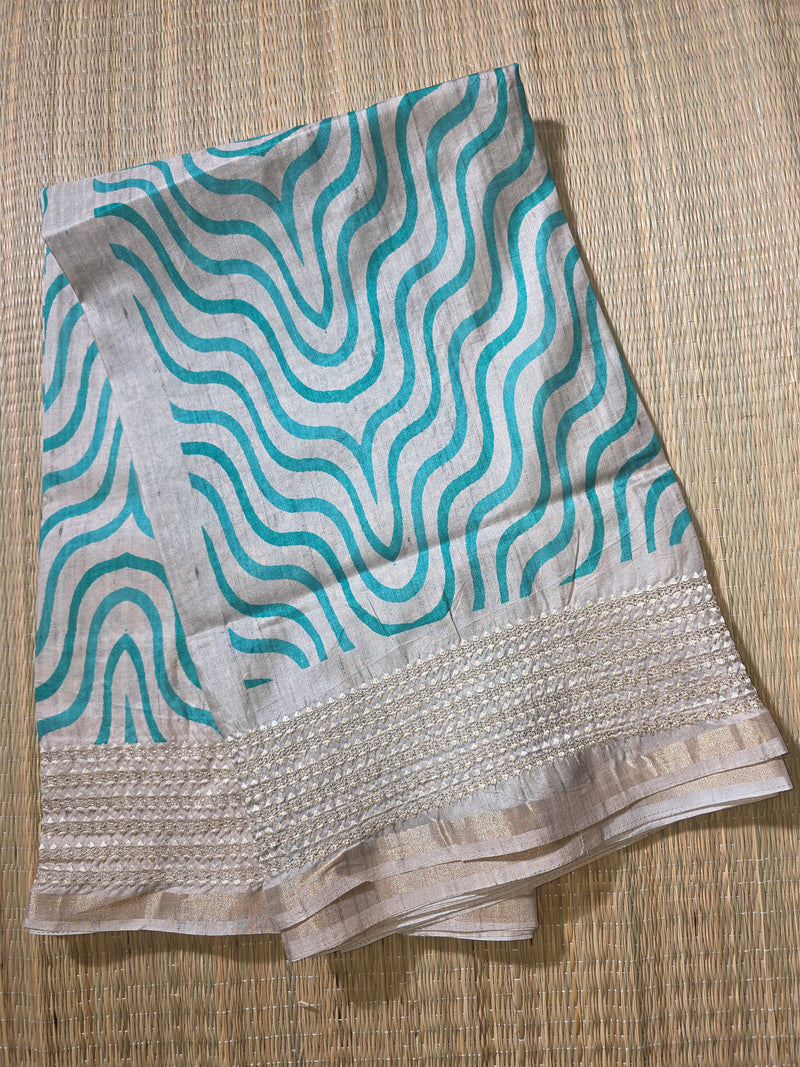 Printed Tussar Silk Saree with Embroidered Border
