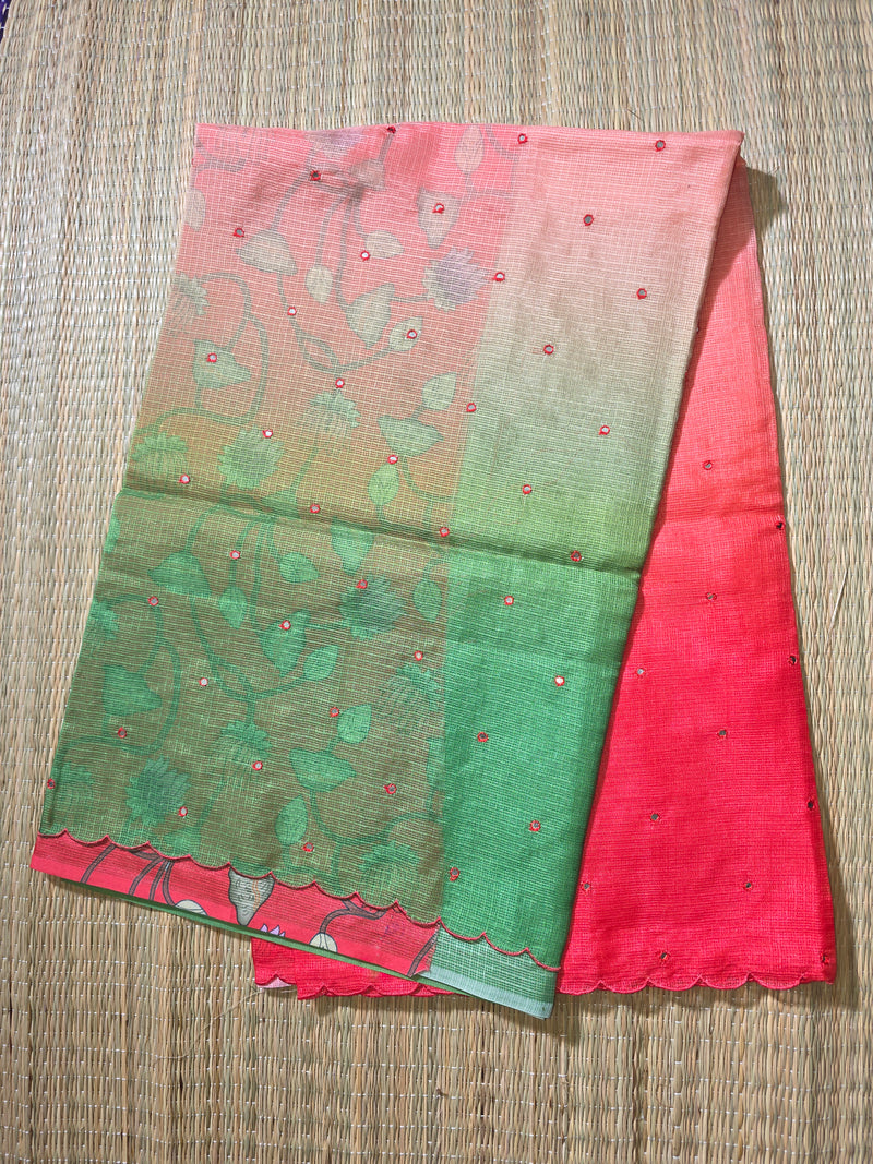 Shaded Kota Silk Saree with Mirror Work and Kalamkar Blouse