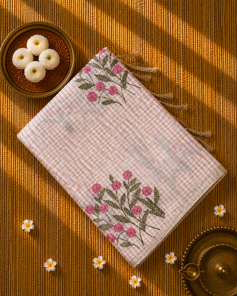 Linen Zari Saree in Checks and Floral Embroidery with Plain Blouse