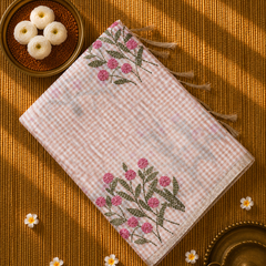 Linen Zari Saree in Checks and Floral Embroidery with Plain Blouse