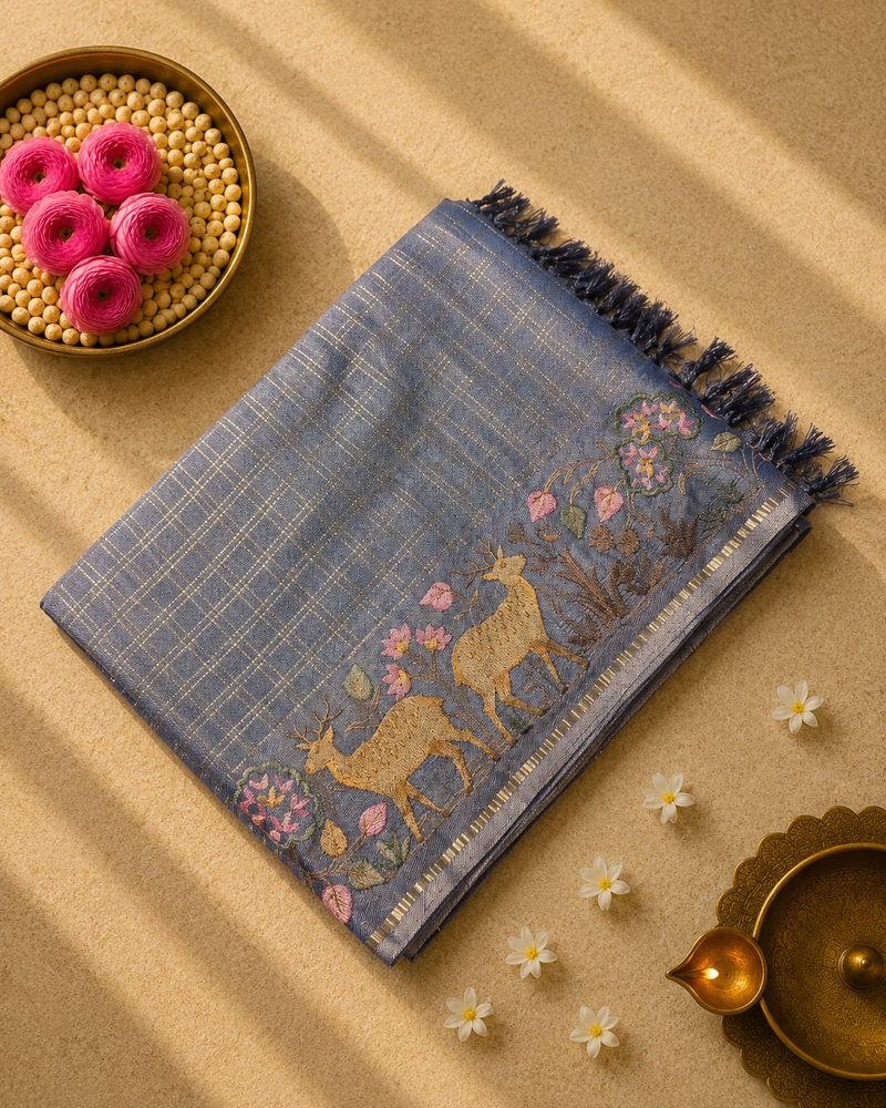 Tussar Saree with Zari checks and Embroidery