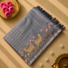 Tussar Saree with Zari checks and Embroidery