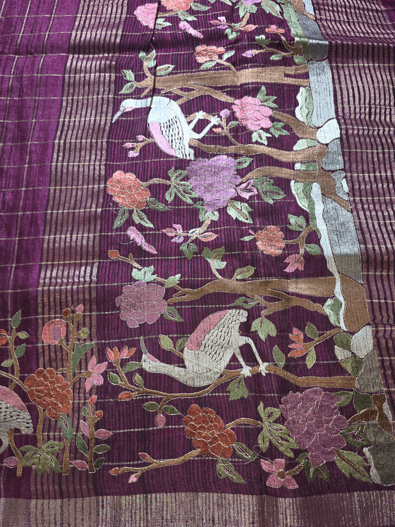 Pure Handloom Tussar Saree with Zari Checks and Embroidery