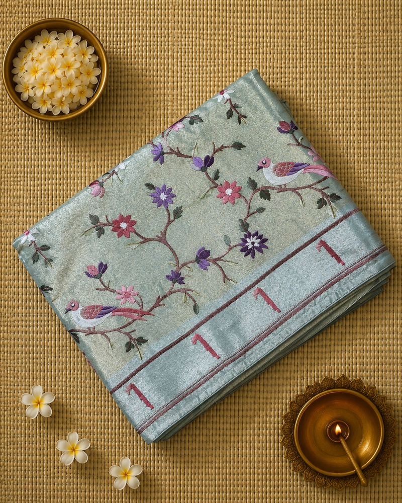 Pure Kora Tissue Saree with Muniya Border and Heavy Embriodery