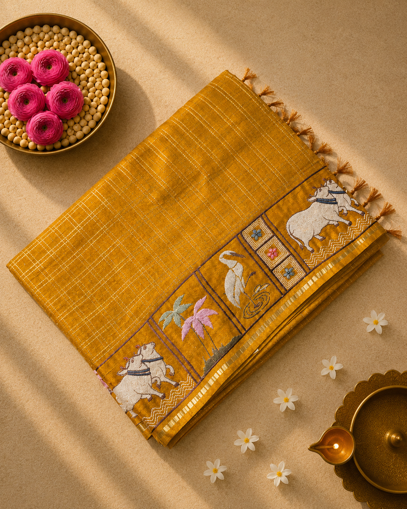 Tussar Saree with Zari checks and Embroidery