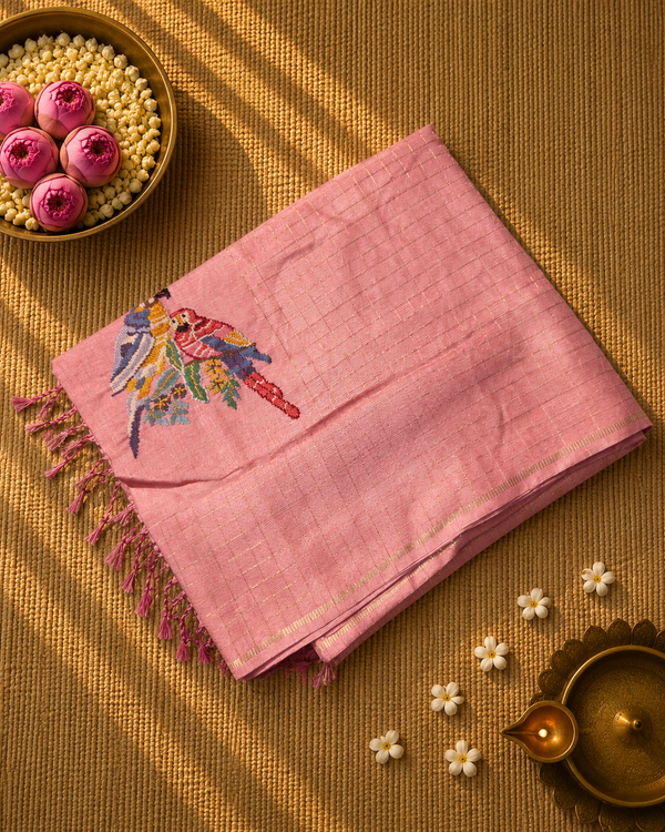Tussar Silk Saree with Zari Checks and Embroidery