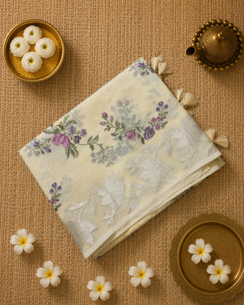 Kota Tissue Saree with Floral Woven Border and Embroidery
