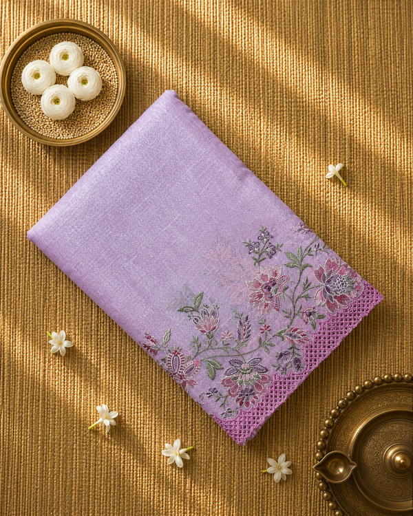 Pink Linen Tissue Saree with Cutwork and Embroidery