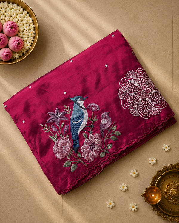 Pure Raw Silk with Cutwork and petitpoint embroidery