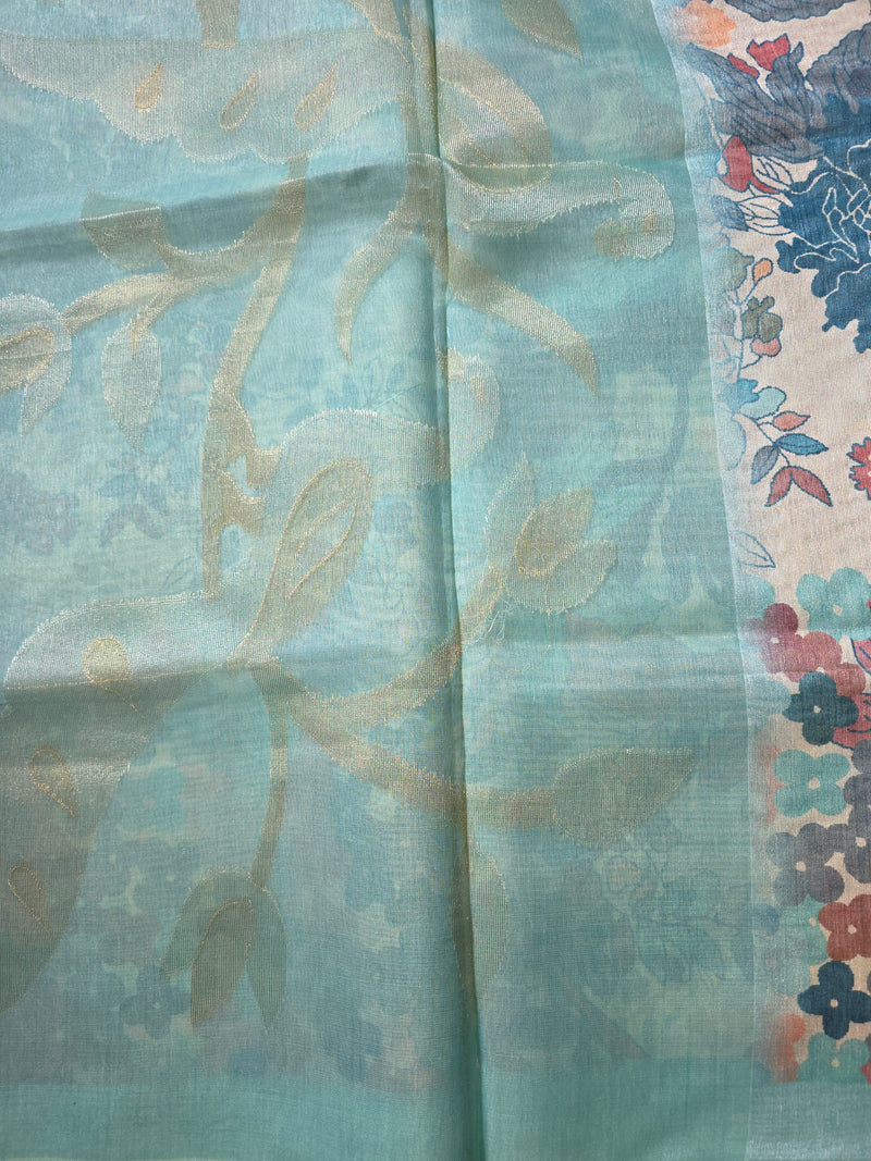 Blue Printed Tussar Silk Saree with Jamdhani Pallu
