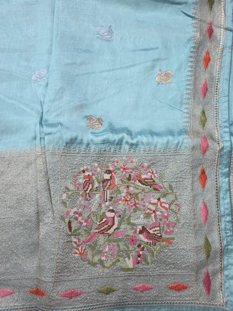 Pure Raw Silk Saree with 10 inch German Silver Border and Petit Point Work