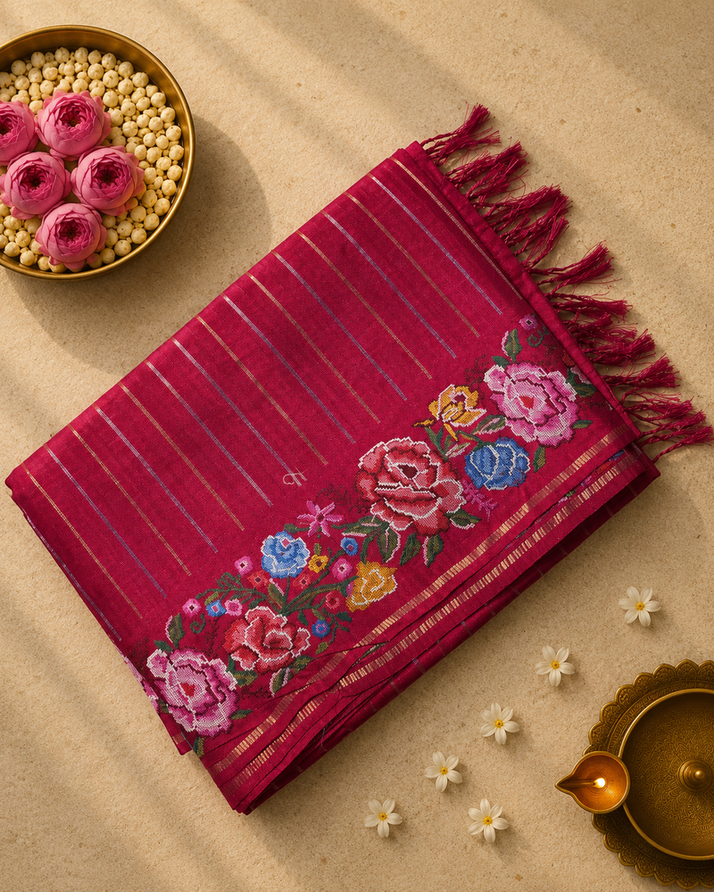 Tussar Silk Saree with Embroidery and Zari Stripes