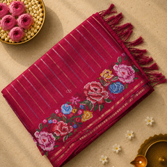 Tussar Silk Saree with Embroidery and Zari Stripes