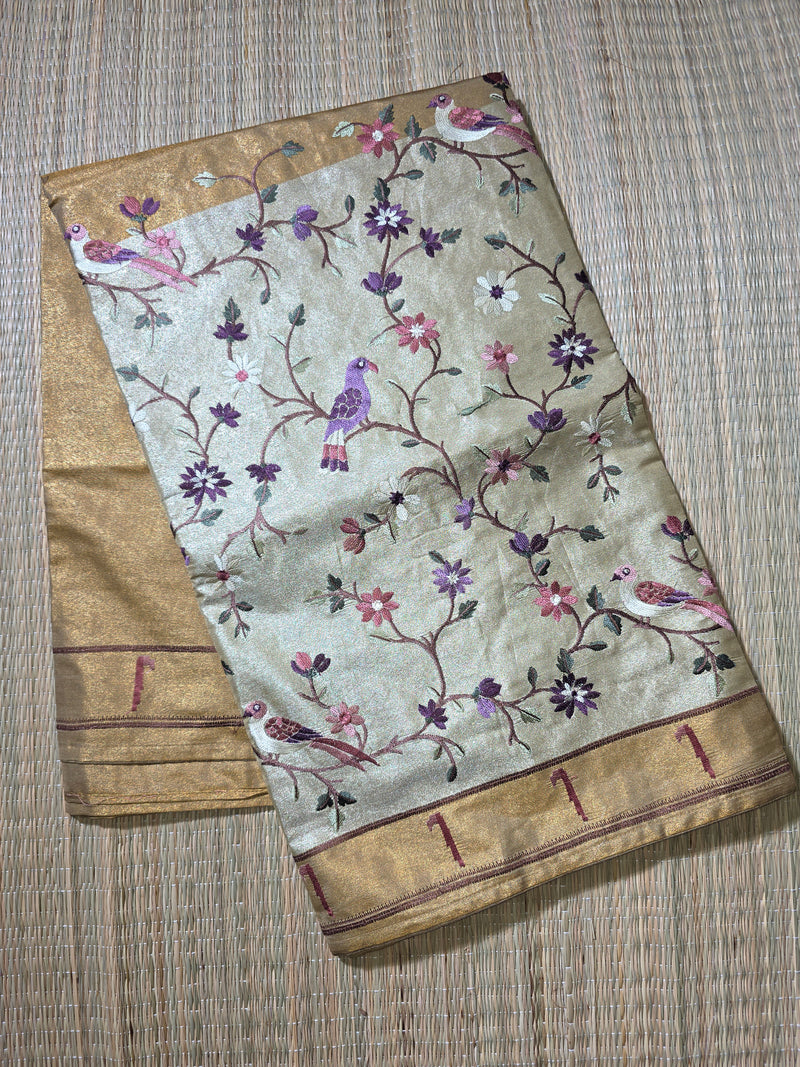 Pure Kora Tissue Saree with Muniya Border and Heavy Embriodery