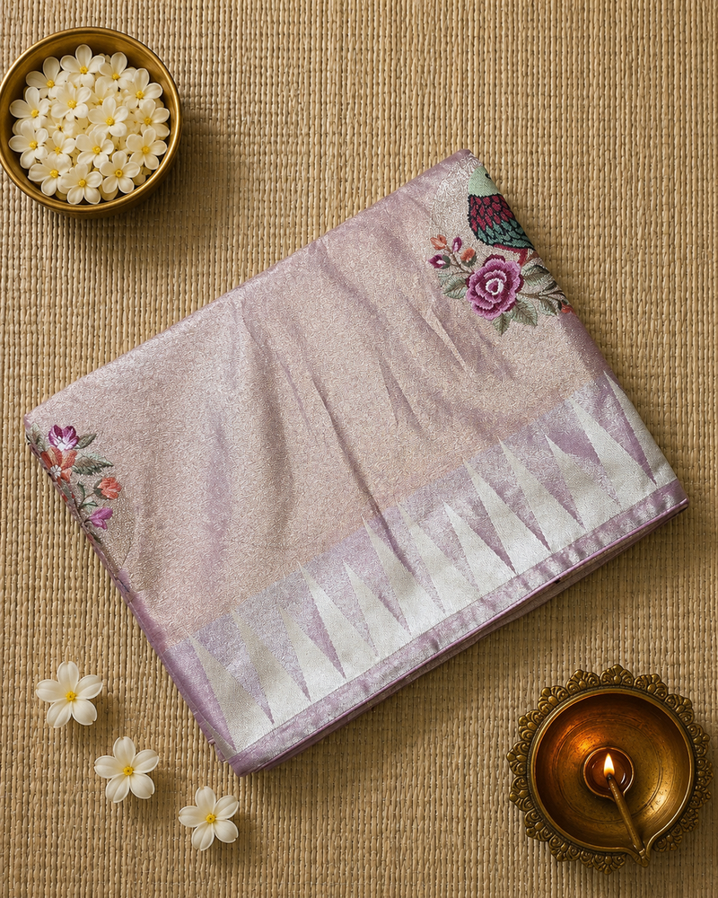 Pure Kora TIssue Saree with Temple Border and BIrd Motifs