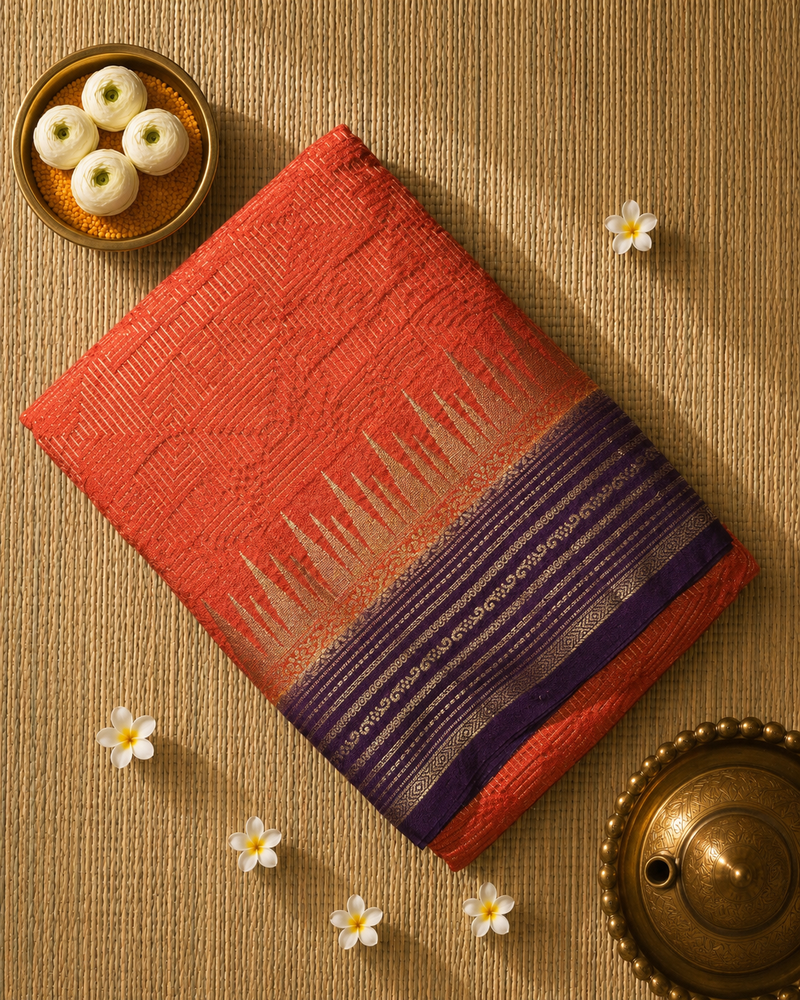 Premium Semi Mysore Crepe with Vintage Temple Border and Rich Pallu