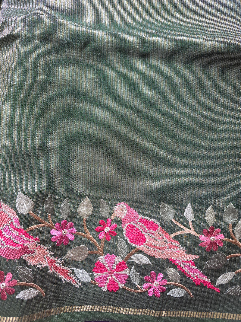 Pure Tussar Silk Saree with Vertical Zari Stripes and Embroidery