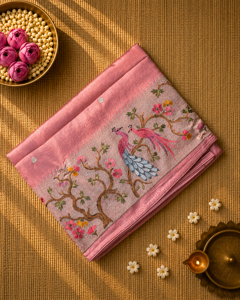 Pure Raw Silk with 10 inch Paithani Border in German Silver