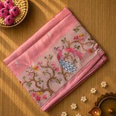 Pure Raw Silk with 10 inch Paithani Border in German Silver