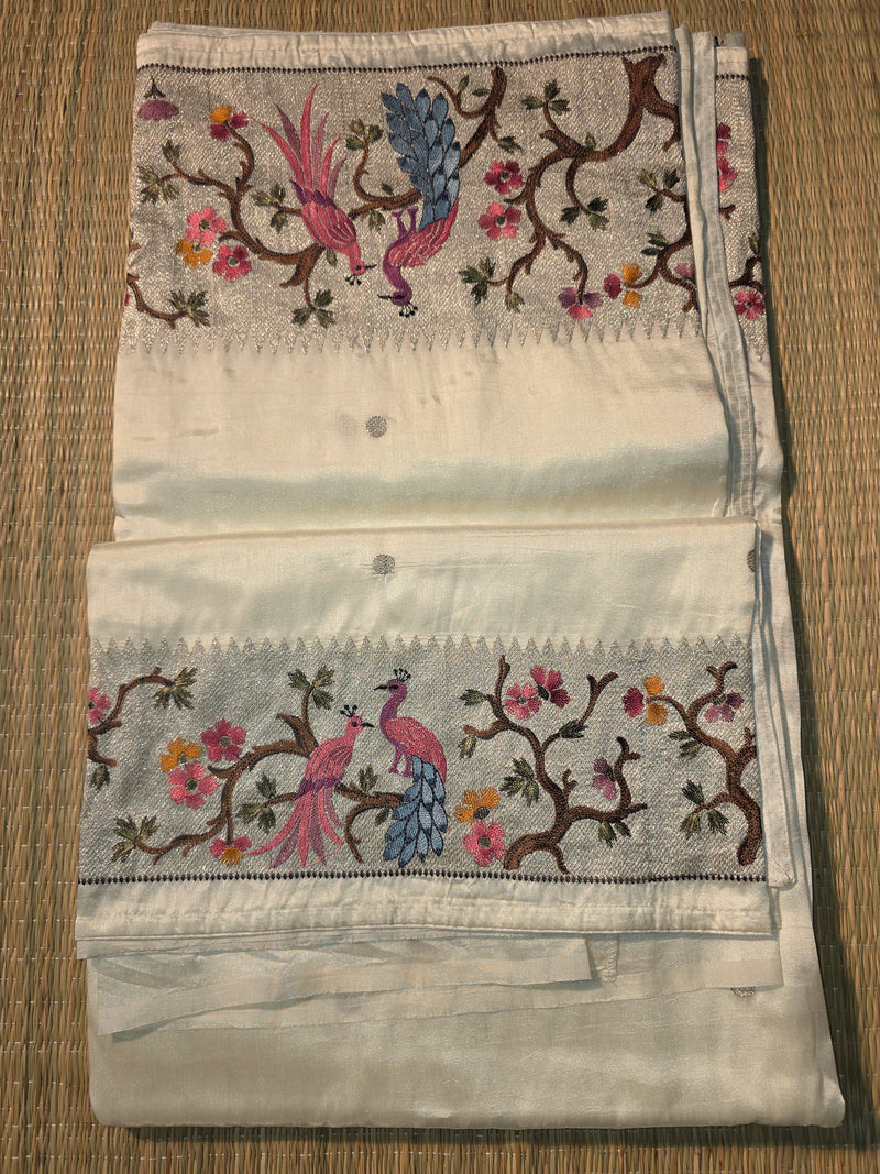 Pure Raw Silk with 10 inch Paithani Border in German Silver