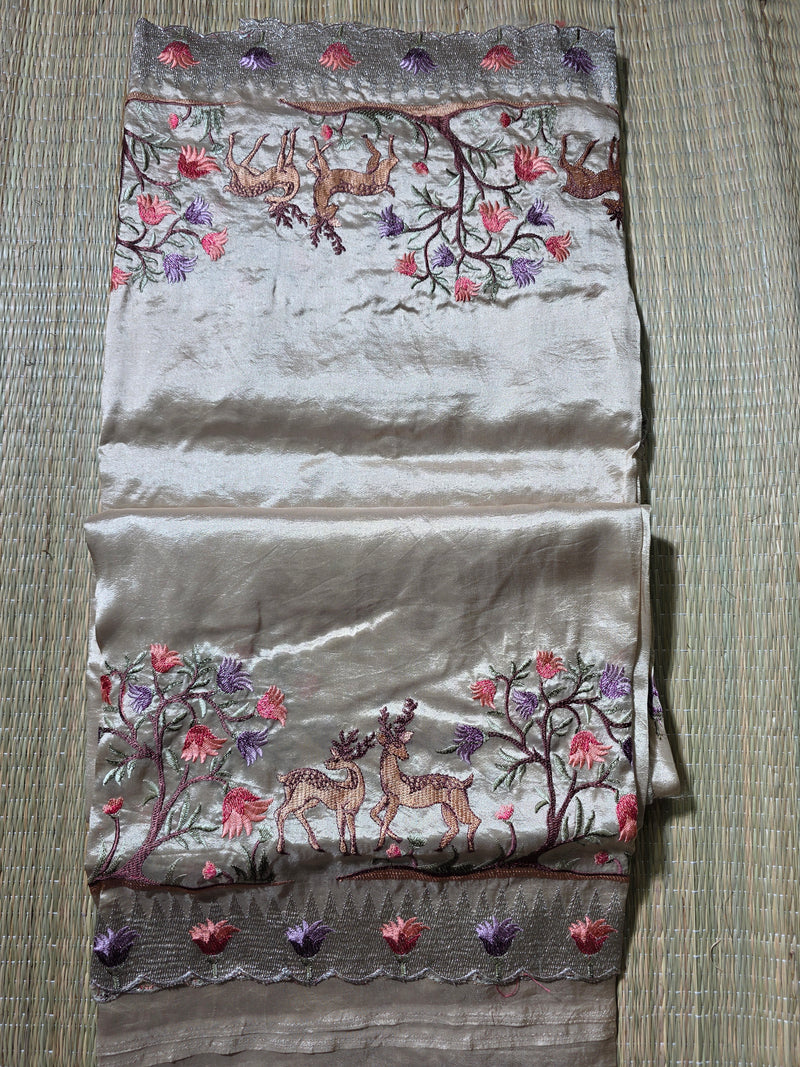 Pure Raw Silk with German Silver Border and Embroidery