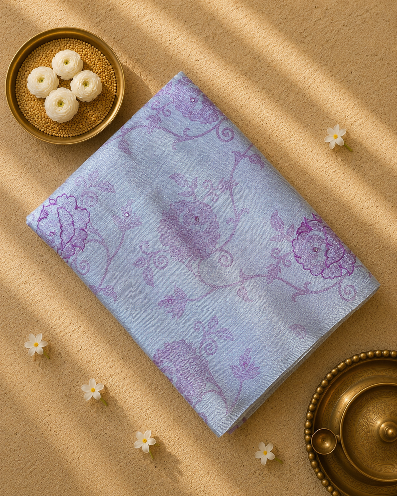 Silver Tissue Saree with Thread and Mirror work