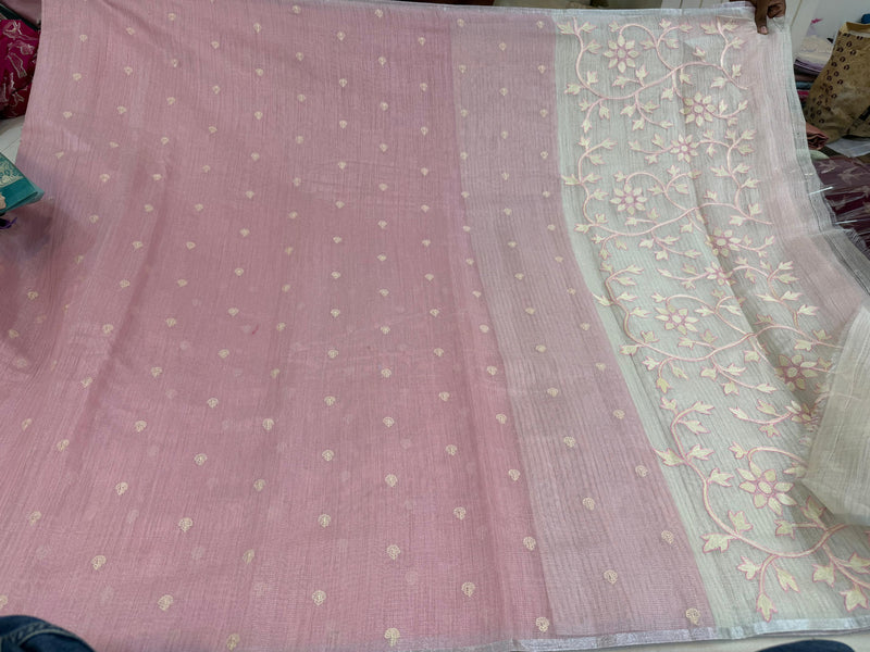 Pink Linen Tissue Saree with Thread work