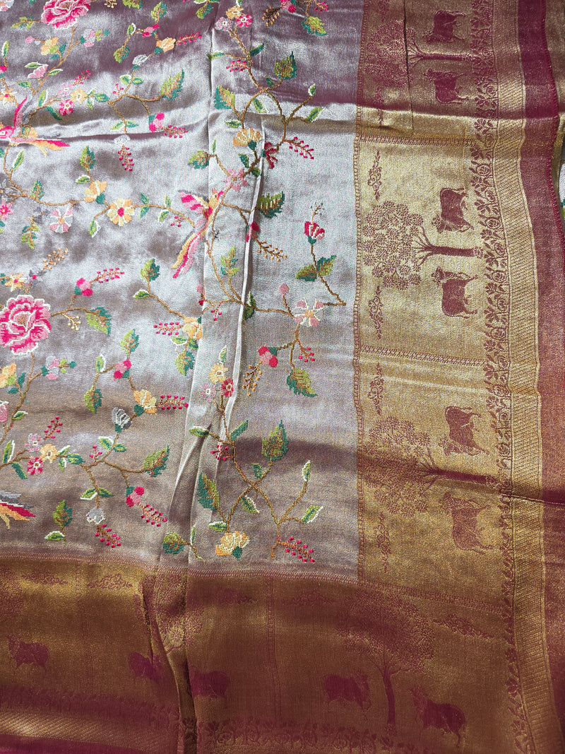 Pure Banarasi Tissue Saree with Pichwai Border and Contrast Blouse