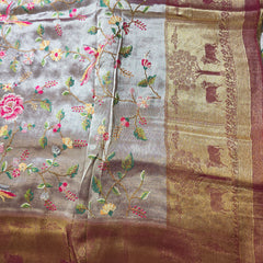 Pure Banarasi Tissue Saree with Pichwai Border and Contrast Blouse